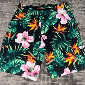 Black Floral Swim Trunks